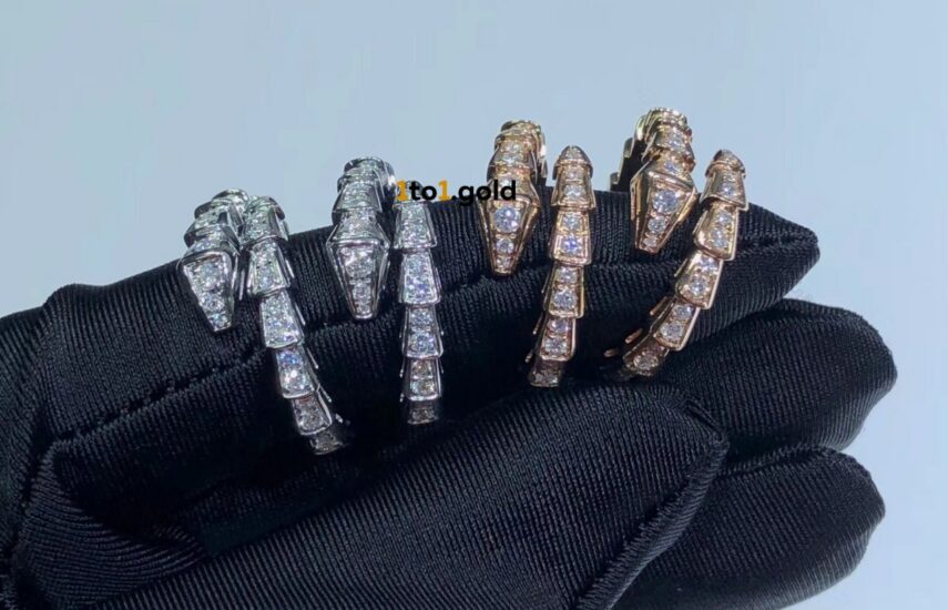 Реплика Кольцо Serpenti Viper в один виток, белое/розовое золото 18 карат, сплошное бриллиантовое паве из Китая